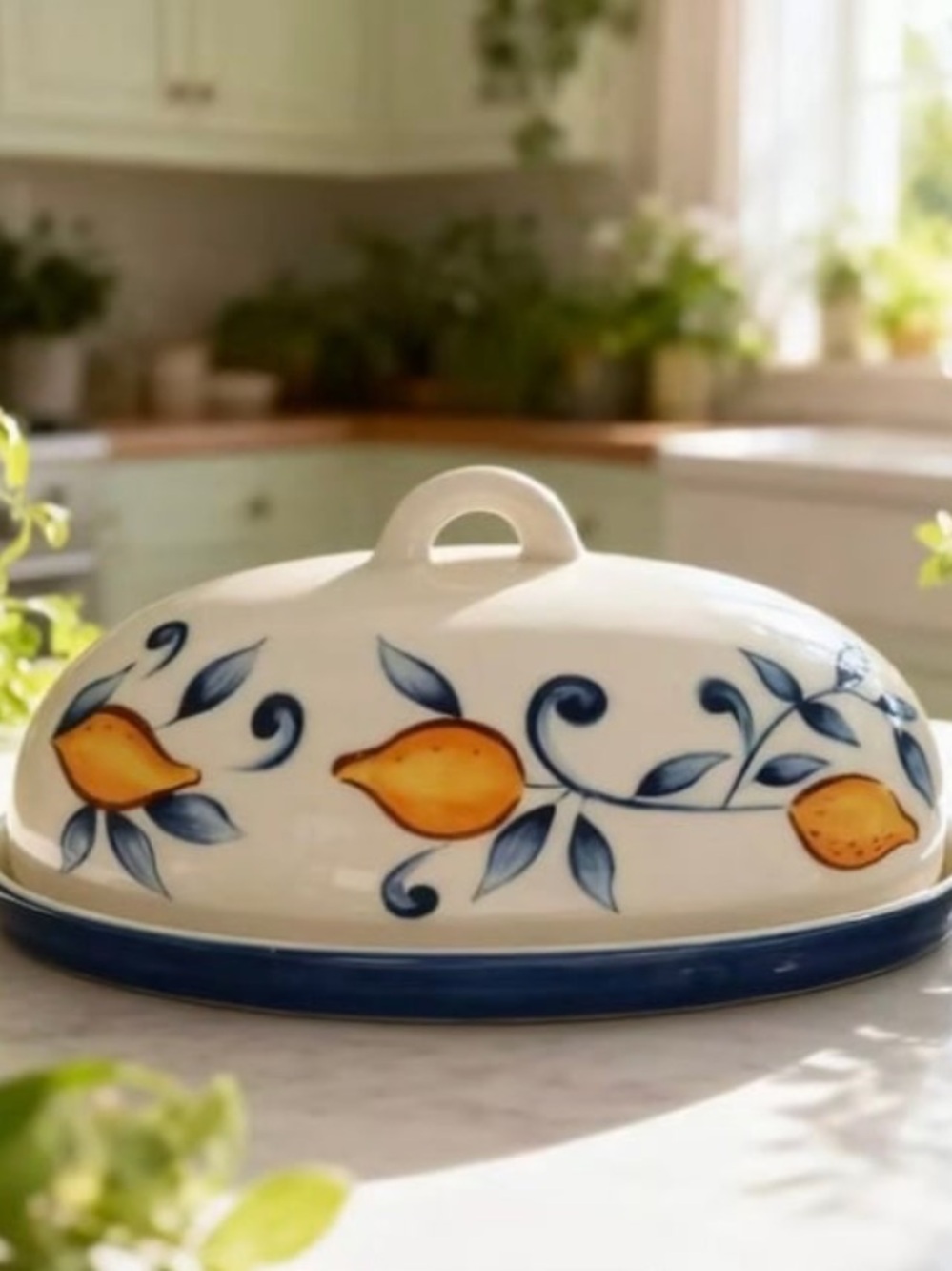 MUCHOISE NWT 2pc Ceramic lemons Butter Dish -White/Blue -4oz